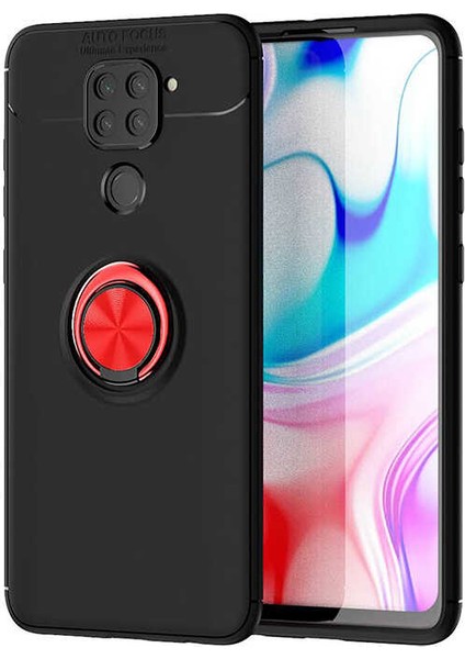 Xiaomi Redmi Note 9 Kılıf Ultra Korumalı Yüzüklü Manyetik Ravel Silikon Siyah Kırmızı + Cam Ekran Koruyucu