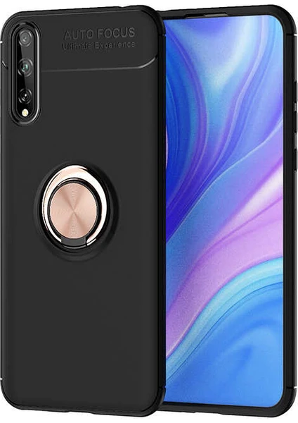 Tekno Grup Huawei P Smart S (Y8P) Kılıf Ultra Korumalı Yüzüklü Manyetik Ravel Silikon Siyah Rose + Tam Kaplayan 6D Nano Ekran Koruyucu