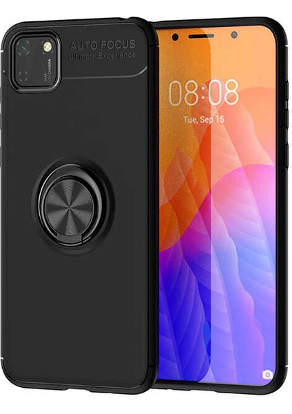 Huawei Y5P Kılıf Ultra Korumalı Yüzüklü Manyetik Ravel Silikon Siyah + Tam Kaplayan 6D Nano Ekran Koruyucu