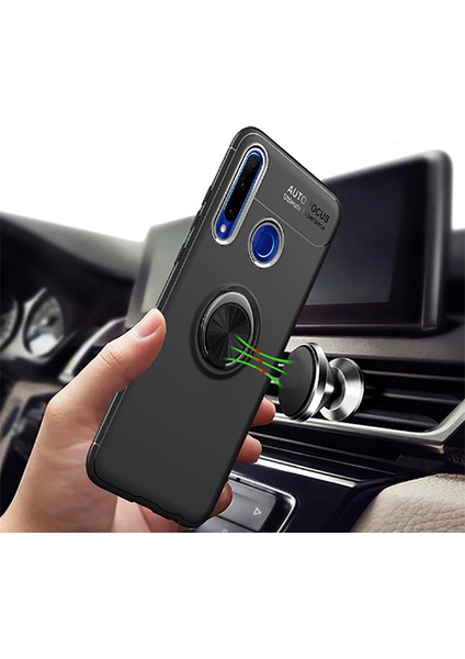 Huawei P40 Lite E Kılıf Ultra Korumalı Yüzüklü Manyetik Ravel Silikon Siyah Mavi + Tam Kaplayan 6D Nano Ekran Koruyucu modelleri