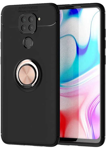 Xiaomi Redmi Note 9 Kılıf Ultra Korumalı Yüzüklü Manyetik Ravel Silikon Siyah Rose