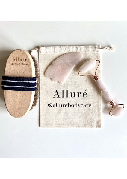 Alluré Doğal At Kılı Fırça, Rose Quartz Face Roller  Gua Sha Cilt Bakım Seti