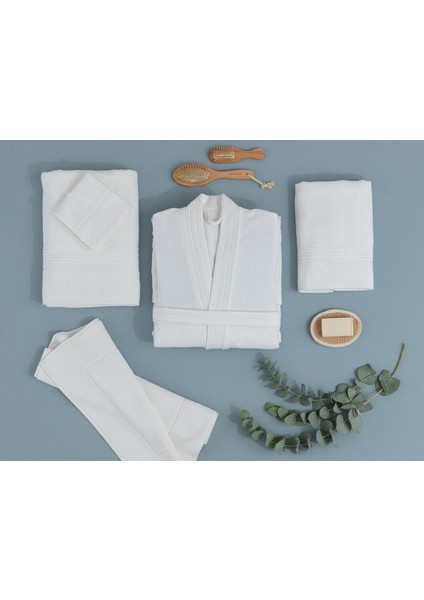 Stripe Kimono Unise x Bornoz - Beyaz