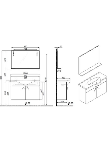 Mılena 100 cm Italyan Ceviz Set:Optimum Lavabo + Lavabo Dolabı Etajer Ayna