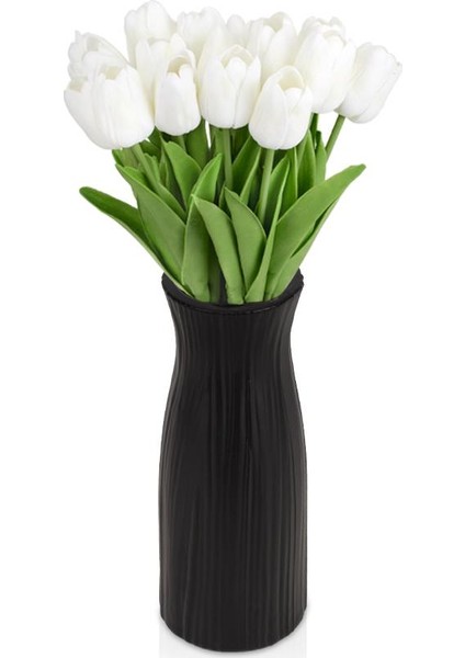 Çizgi Desenli Siyah Plastik Saksıda 20’li Yapay Islak Lale