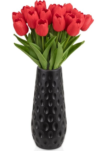 Çukur Desenli Siyah Plastik Saksıda 20'li Yapay Islak Lale
