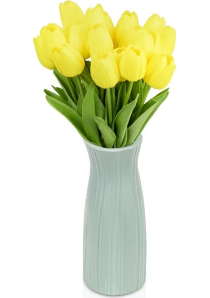 Çizgi Desenli Yeşil Plastik Saksıda 20’li Yapay Islak Lale