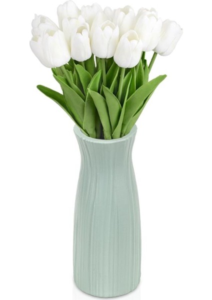 Çizgi Desenli Yeşil Plastik Saksıda 20’li Yapay Islak Lale