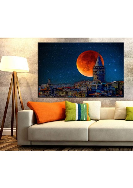 İstanbul Galata Kulesi Gece ve Dolunay Kanvas Tablo dkm131-70 x 100 cm