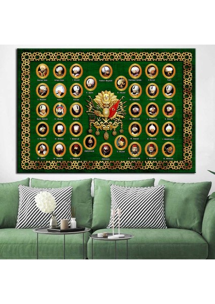 Osmanlı Padişahları Yeşil Kanvas Tablo dkmr219-70 x 100 cm