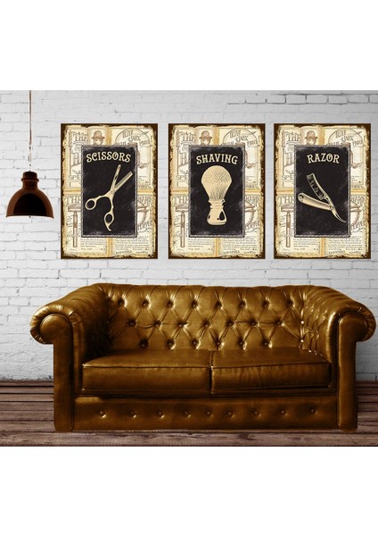 Erkek Berberi Retro Konsept Kuaför Üçlü Tablo dkm-k55 3 Adet-70 x 100 cm