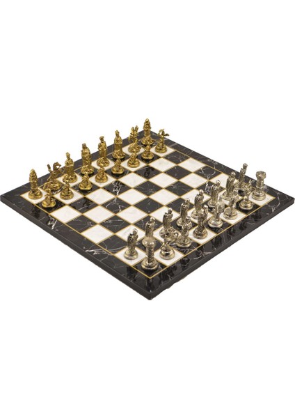 Metal Satranç Takımı Seti Orta Osmanlı Bizans Parlak Ve Mermer Desenli Satranç Tahtası