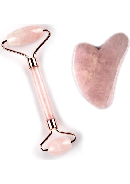 Pembe Kuvars Doğal Taş Faceroller + Gua Sha Masaj Taşı