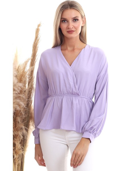 20333307 Dok.viskon Kruvaze Yaka Uzun Kol Bluz Lila