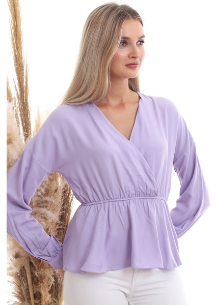 20333307 Dok.viskon Kruvaze Yaka Uzun Kol Bluz Lila fırsatları
