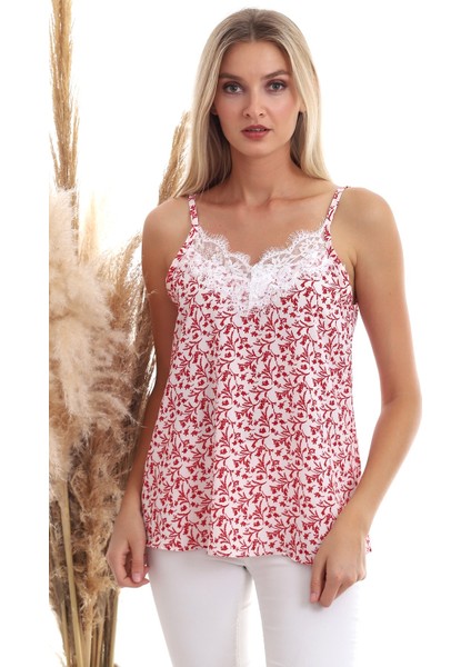 20333454 Kobe Desenli Yaka Dantelli Kolsuz Bluz Kırmızı Çiçek Desenli