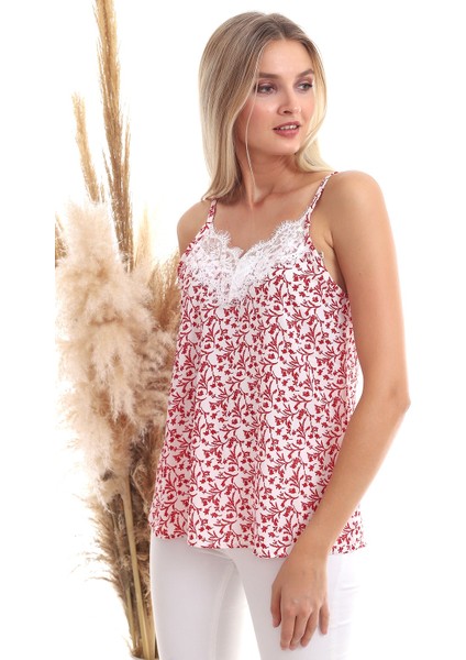 20333454 Kobe Desenli Yaka Dantelli Kolsuz Bluz Kırmızı Çiçek Desenli fiyatları