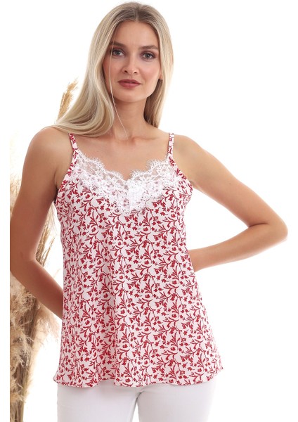 20333454 Kobe Desenli Yaka Dantelli Kolsuz Bluz Kırmızı Çiçek Desenli modelleri