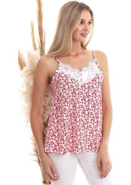 20333454 Kobe Desenli Yaka Dantelli Kolsuz Bluz Kırmızı Çiçek Desenli fırsatları