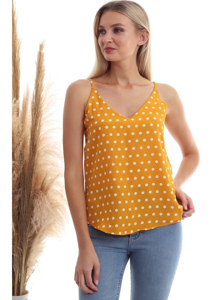 20333453 Kobe Puantiye Desenli İp Askılı Bluz Hardal