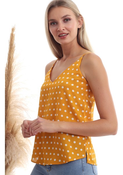 20333453 Kobe Puantiye Desenli İp Askılı Bluz Hardal fiyatları