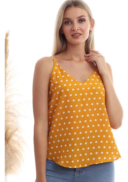 20333453 Kobe Puantiye Desenli İp Askılı Bluz Hardal indirimleri