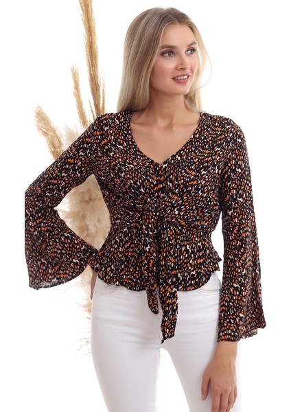 20333372 Dok.viskon Desenli Önü Bağlamalı Volanlı Bluz Siyah Oranj