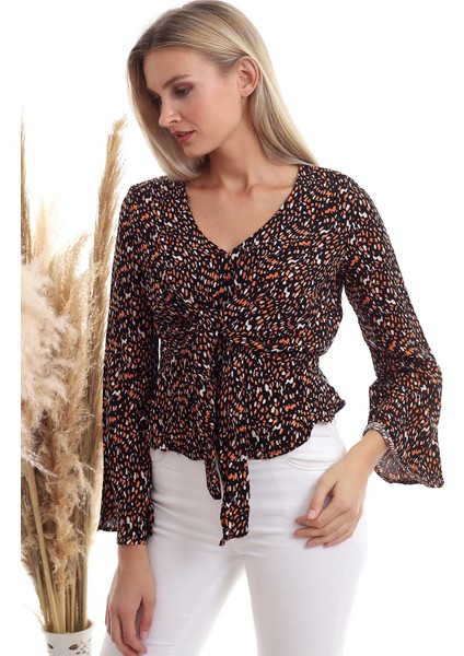 20333372 Dok.viskon Desenli Önü Bağlamalı Volanlı Bluz Siyah Oranj modelleri