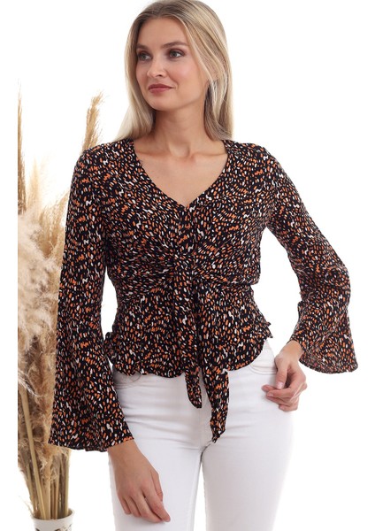 20333372 Dok.viskon Desenli Önü Bağlamalı Volanlı Bluz Siyah Oranj indirimleri