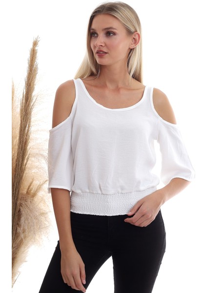 20333451 Ayrobin Omuzu Açık Beli Lastikli Kısa Kol Bluz Ekru