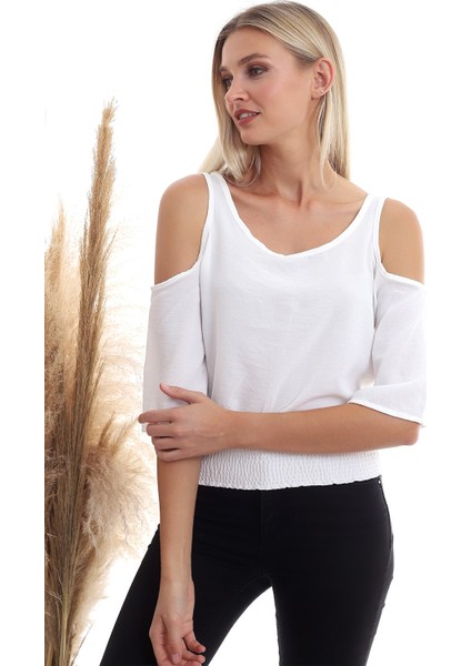 20333451 Ayrobin Omuzu Açık Beli Lastikli Kısa Kol Bluz Ekru fırsatları