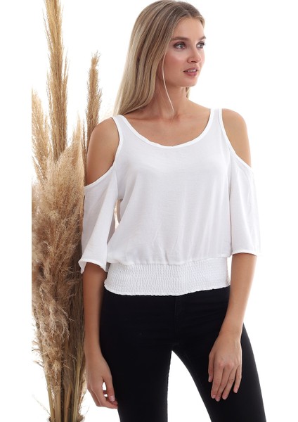 20333451 Ayrobin Omuzu Açık Beli Lastikli Kısa Kol Bluz Ekru indirimleri