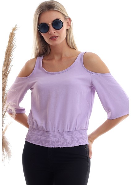 20333451 Ayrobin Omuzu Açık Beli Lastikli Kısa Kol Bluz Lila