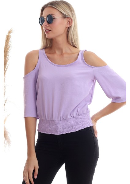 20333451 Ayrobin Omuzu Açık Beli Lastikli Kısa Kol Bluz Lila fiyatları