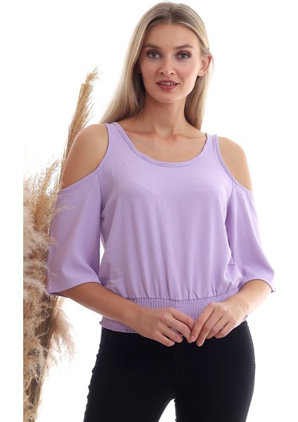 20333451 Ayrobin Omuzu Açık Beli Lastikli Kısa Kol Bluz Lila modelleri