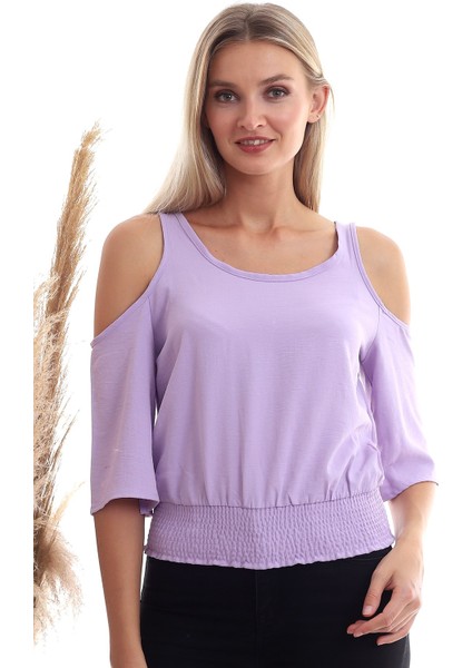 20333451 Ayrobin Omuzu Açık Beli Lastikli Kısa Kol Bluz Lila fırsatları