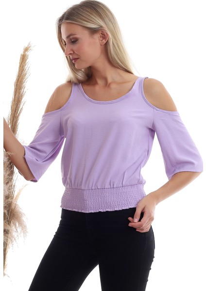 20333451 Ayrobin Omuzu Açık Beli Lastikli Kısa Kol Bluz Lila indirimleri