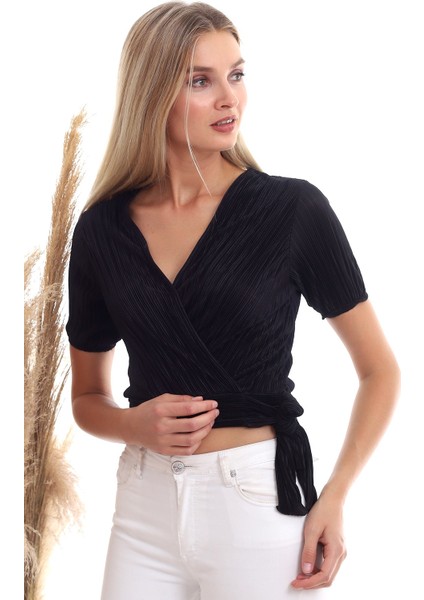 20333373 Pliseli Kruvaze Yandan Bağlamalı Kısa Kol Bluz Siyah modelleri