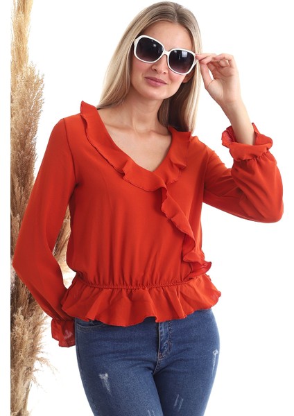 20343266 Ayrobin Kruvaze Fırfırlı Uzun Kol Bluz Kiremit