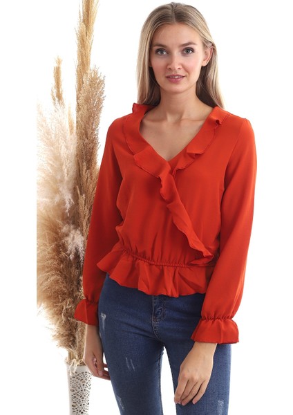 20343266 Ayrobin Kruvaze Fırfırlı Uzun Kol Bluz Kiremit fiyatları
