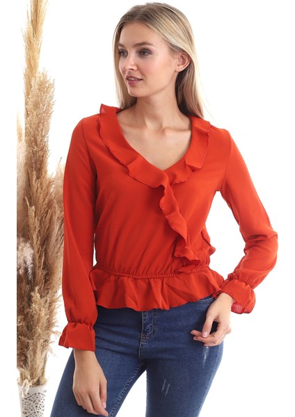 20343266 Ayrobin Kruvaze Fırfırlı Uzun Kol Bluz Kiremit modelleri