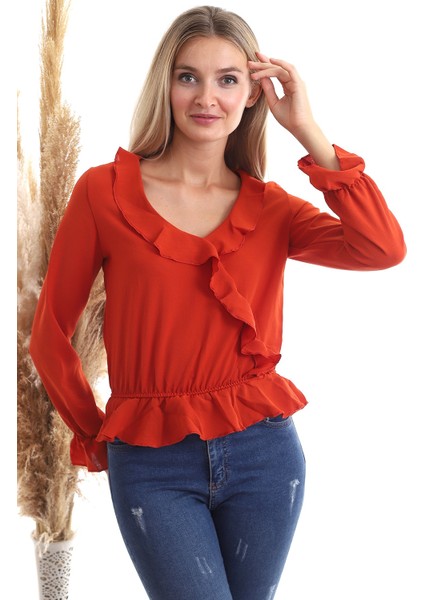 20343266 Ayrobin Kruvaze Fırfırlı Uzun Kol Bluz Kiremit fırsatları