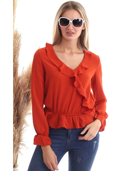 20343266 Ayrobin Kruvaze Fırfırlı Uzun Kol Bluz Kiremit indirimleri