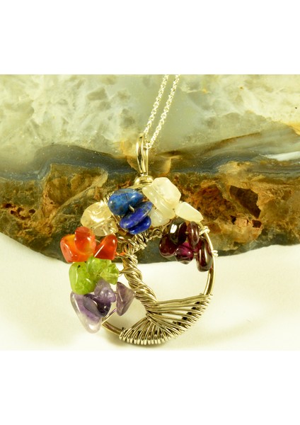 Doğal Taş 7'li Çakra Hayat Ağacı Gümüş Kolye