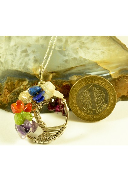 Doğal Taş 7'li Çakra Hayat Ağacı Gümüş Kolye fiyatları