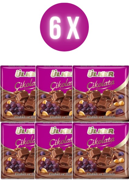 Fındıklı Üzümlü Bol Sütlü Çikolata 65 gr Kare - 6'lı