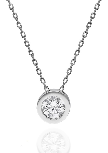 Swarovskı 925 Ayar Gümüş Tek Taş Düz Sıvama Kolye