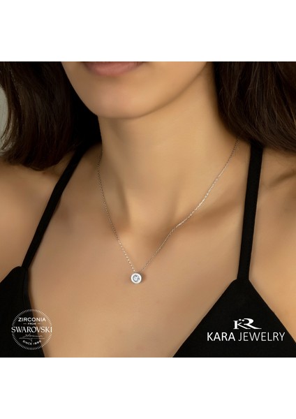 Swarovskı 925 Ayar Gümüş Tek Taş Düz Sıvama Kolye
