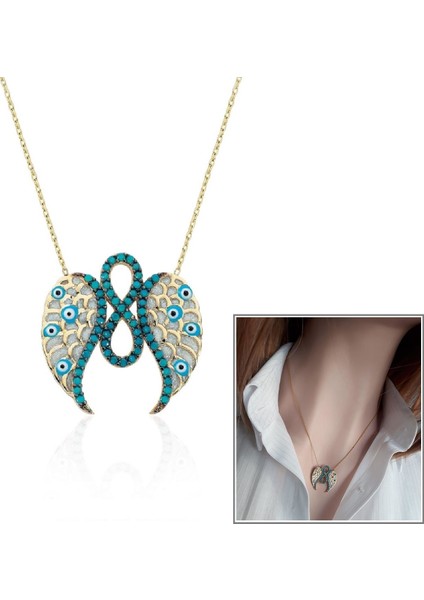 Firuze Sonsuzluk Melek Kanadı Kolye _14K Altın Kpl.