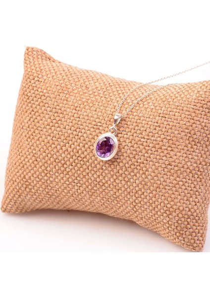 Oval Ametist Taşı Gümüş Kolye